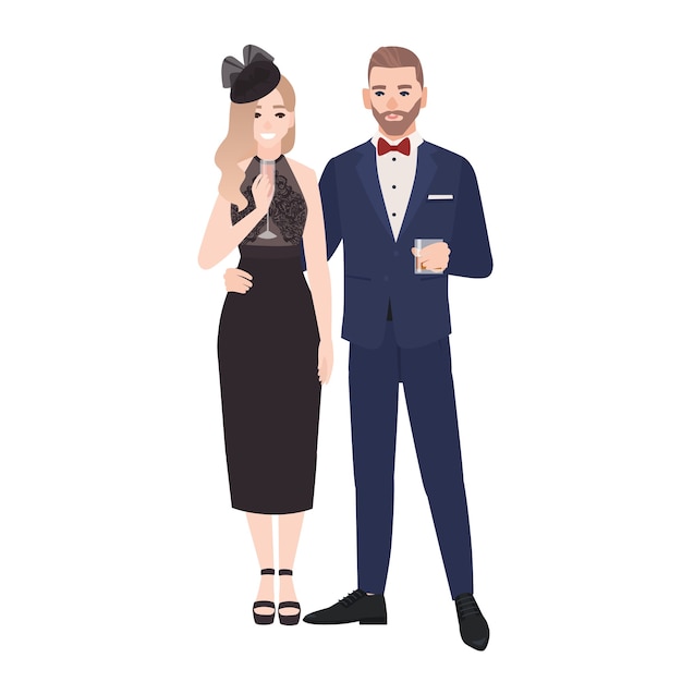 Vector couple in elegant evening clothes standing together and drinking alcohol isolated. stylish man and woman dressed for celebratory occasion