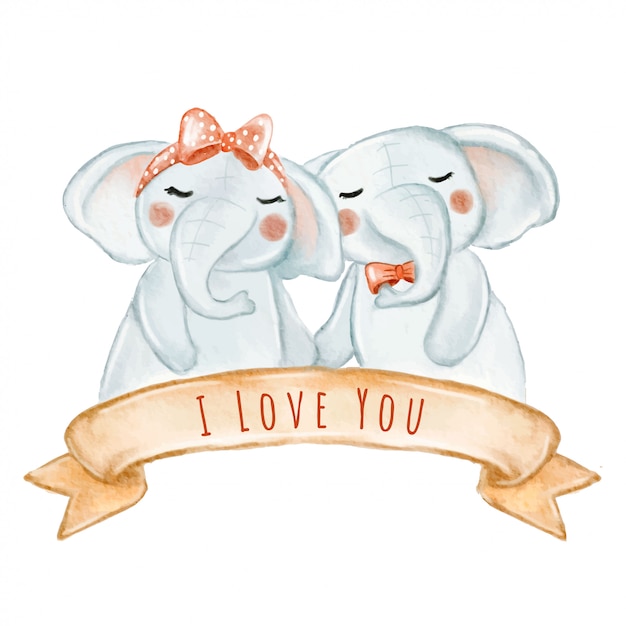 Couple elephant in love valentine watercolor illustration