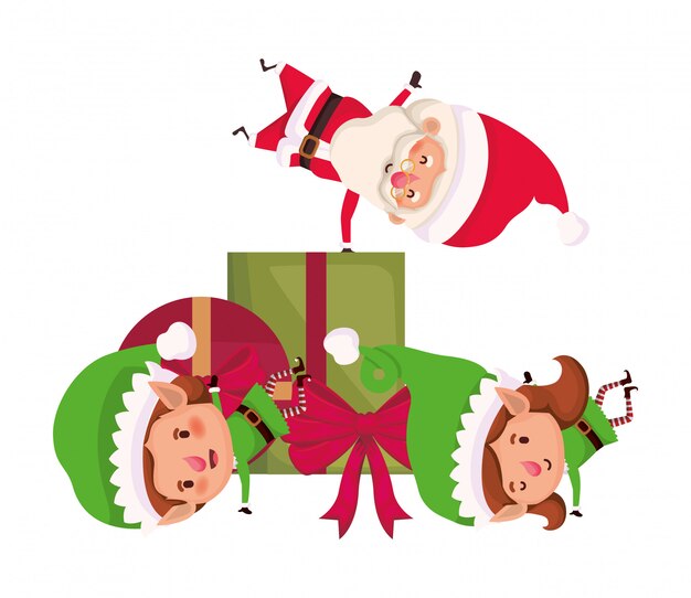 Vector couple of elves and santa claus with gift box