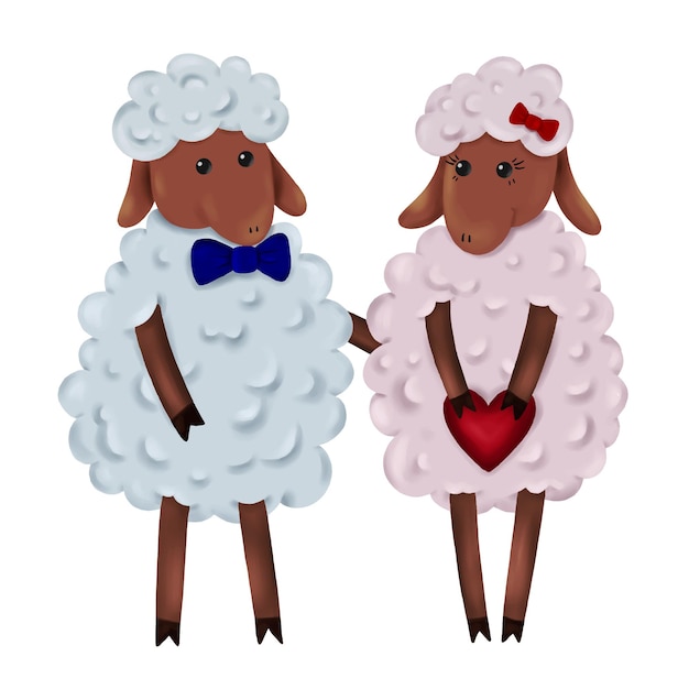 Vector couple of enamored sheep with bows valentine's day