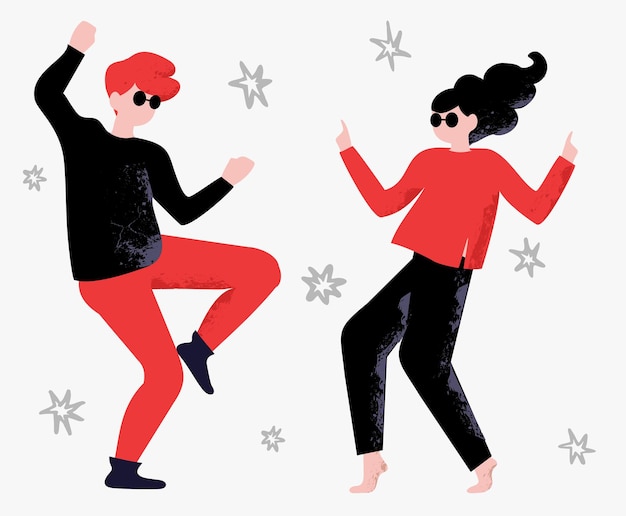 Vector couple of energetic and cheerful man and woman having fun and dancing flat color faceless characters