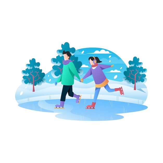 Vector a couple enjoy play ice skating flat illustration