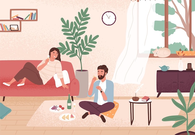 Vector couple enjoy romantic date at home vector flat illustration. man and woman having dinner with champagne and snack. male and female sitting on floor and couch. enamored pair spending time together.