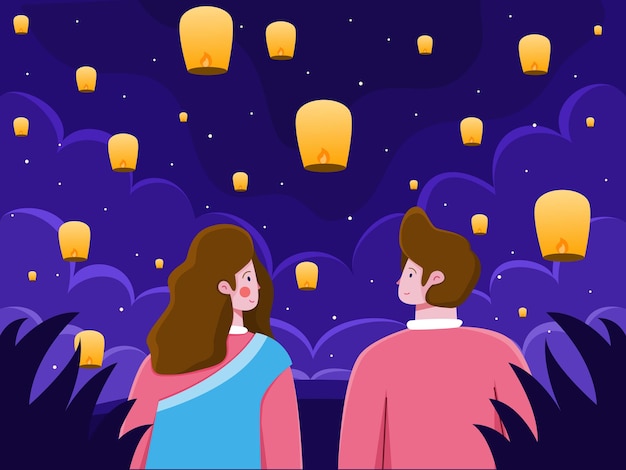 Couple enjoying beautiful night together with flying lanterns to celebrate india diwali festival