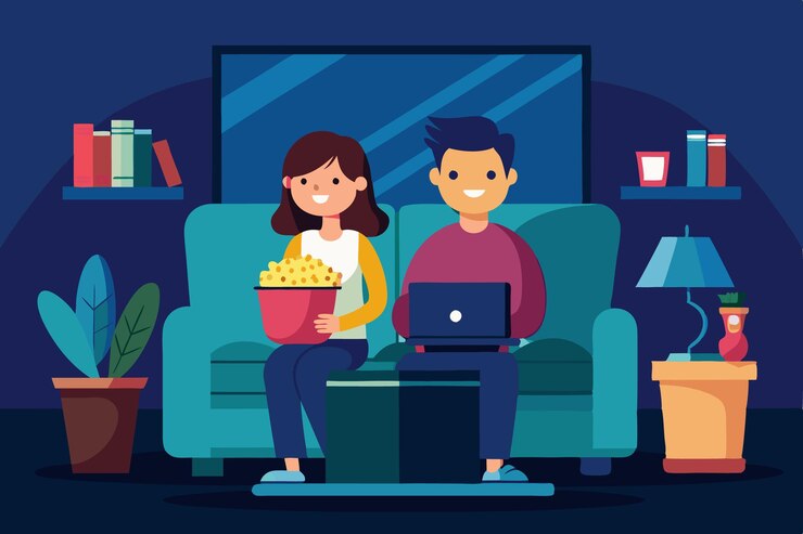 Vector couple enjoying a cozy movie night at home with popcorn and laptop in a vibrant living room setting