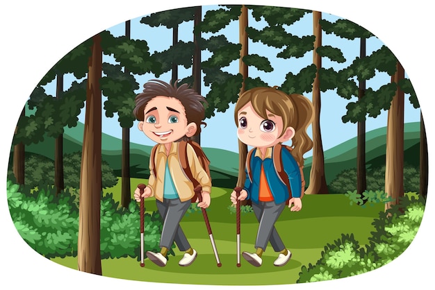 Vector couple enjoying a hike in the forest