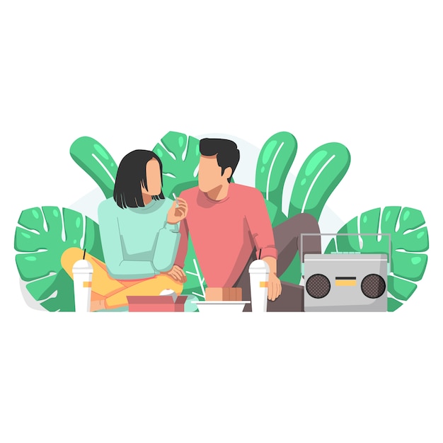 Vector couple enjoying picnic on nature