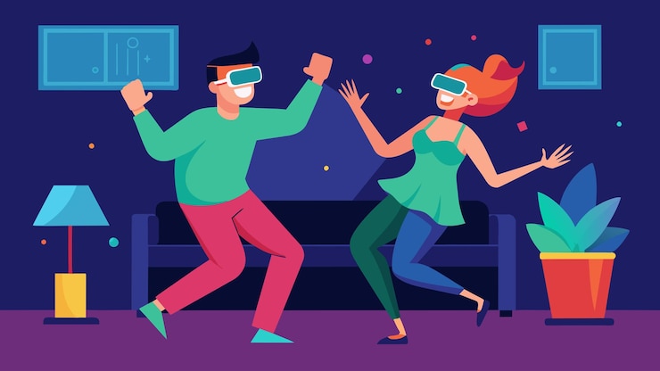 Vector a couple enjoys a date night at home sweating and laughing as they compete against each other in a