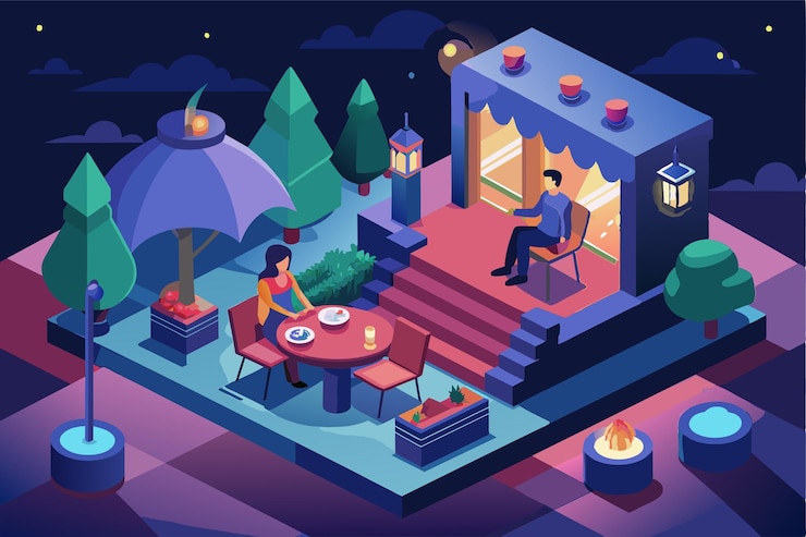 Vector a couple enjoys an intimate night date at an outdoor cafac surrounded by trees and soft lighting night date customizable isometric illustration
