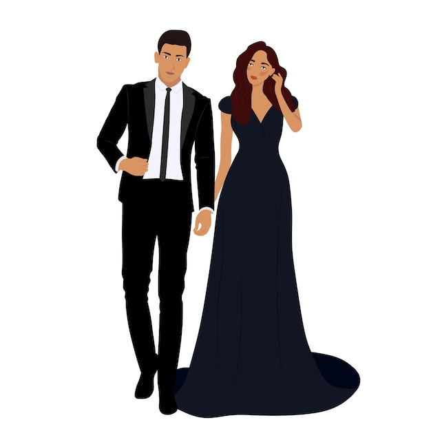 Vector couple in evening formal wear man and woman together isolated on white background vector flat