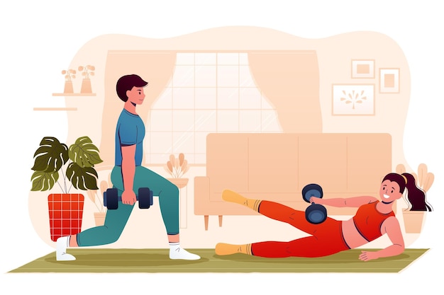 Vector couple exercising at home