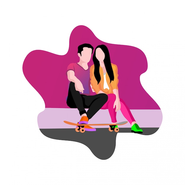 Vector couple falling in love with skate