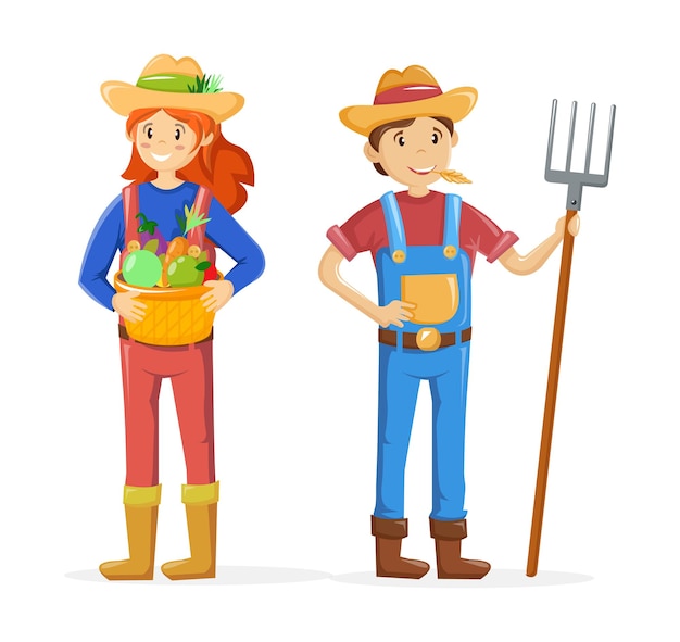 Vector couple of farmers, agricultural work characters. agricultural gardener, agronomist.