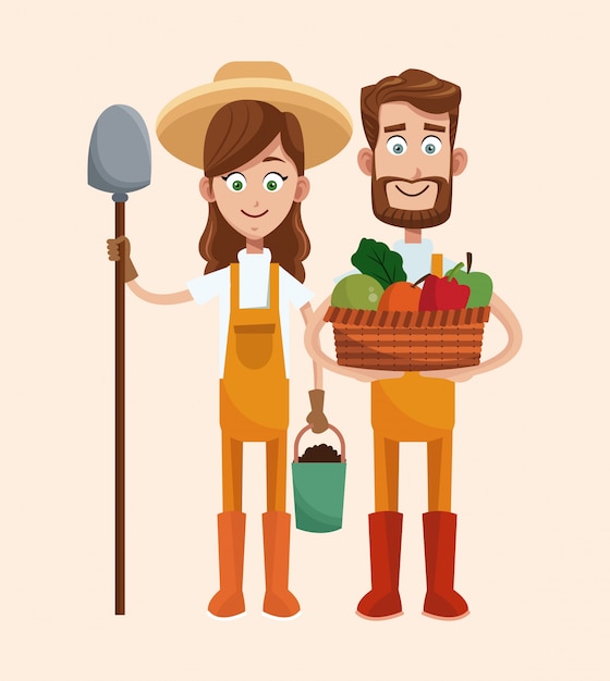 Couple farmers vegetable basket shovel