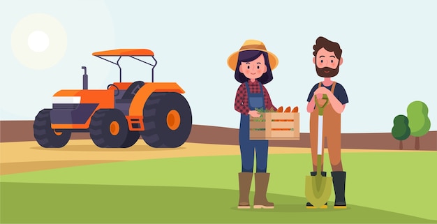 Vettore coppia agricoltori con un campo e un trattore