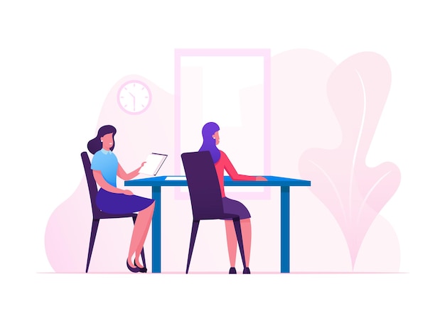 Couple of female business characters sitting at table conducting negotiations in meeting room or boss office. cartoon flat illustration