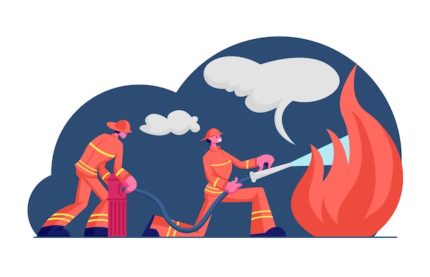 Couple of firemen fighting with blaze at burning house. cartoon flat illustration