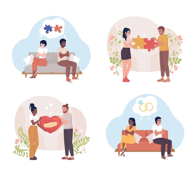 Vector couple fixing relationship 2d vector isolated illustration set