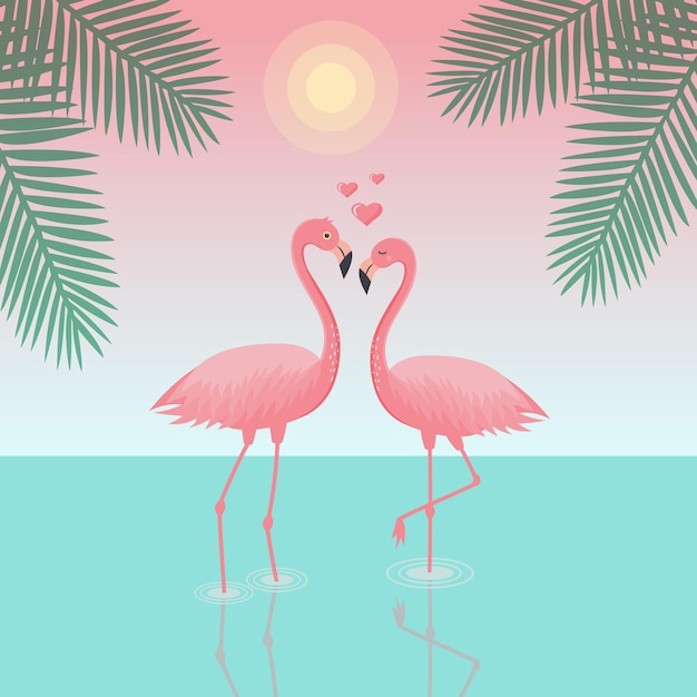 Couple of flamingos in love are standing in water Seascape with palm leaves and sun