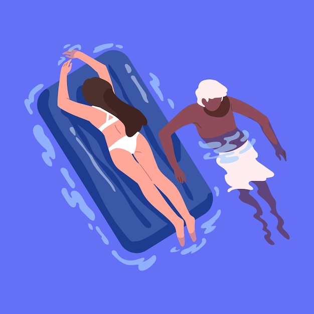 Vector couple floating sunbathing in water biracial people relaxing in pool woman in bikini lying on inflatable rubber mattress man swimming in sea overhead top view flat vector illustration