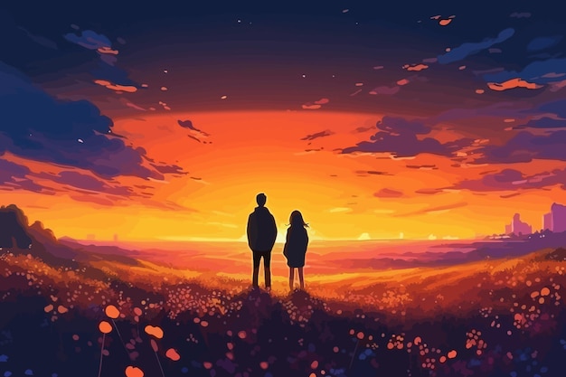 Vector a couple in a flower field cartoon colored a couple looking at the sunset a couple in a flower field vector illustration