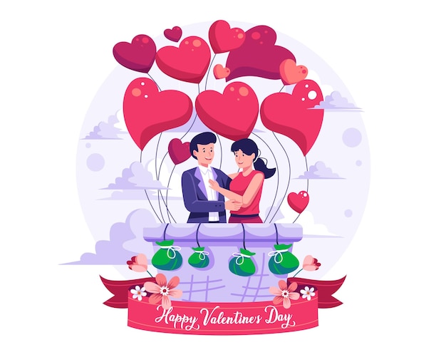 A couple flying in hot air balloons shaped like heart. Valentine's Day concept illustration