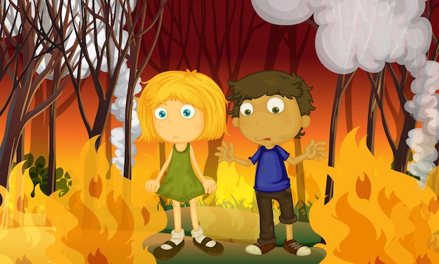 A Couple in Forest with Wildfire