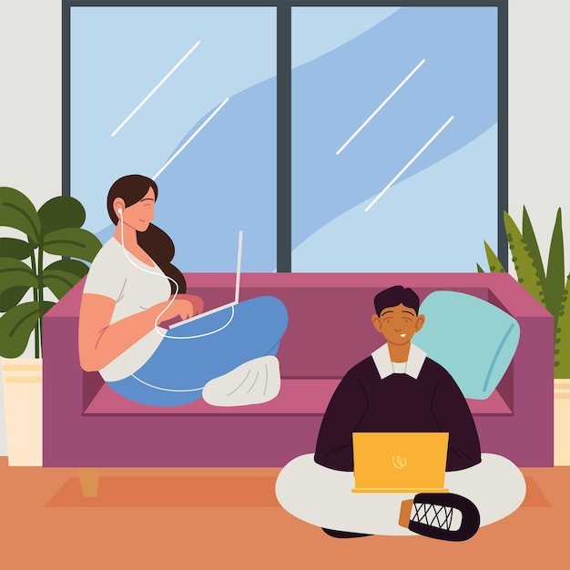 Vector couple freelance working at home