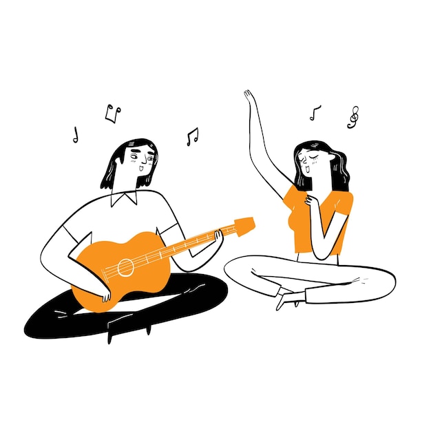 couple or friend, man and woman playing guitar and singing relaxation concept, hand drawing vector illustration doodle style.