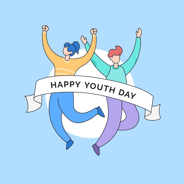 Couple friends jump pose to celebrate happy youth friendship day cartoon doodle vector illustration