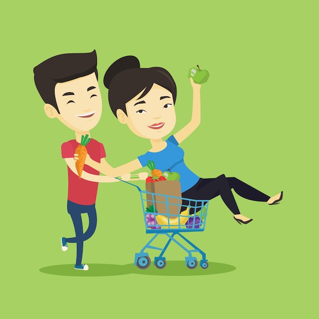 Vector couple of friends riding by shopping trolley.