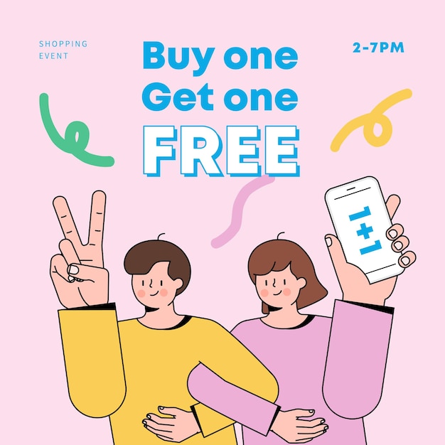 Couple or friends with arms crossed buy one and get one free shopping event vector illustration