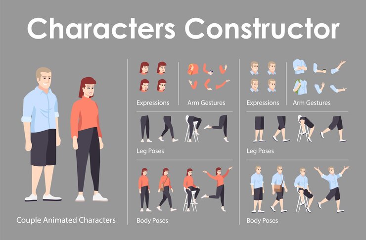 Vector couple front view animated flat vector characters design set. ?haracter animation creation cartoon pack. european man, woman constructor with various face emotion, body poses, hand gestures, legs kit