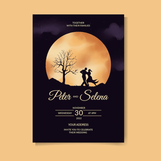 Vector couple in full moon under the night sky watercolor wedding invitation