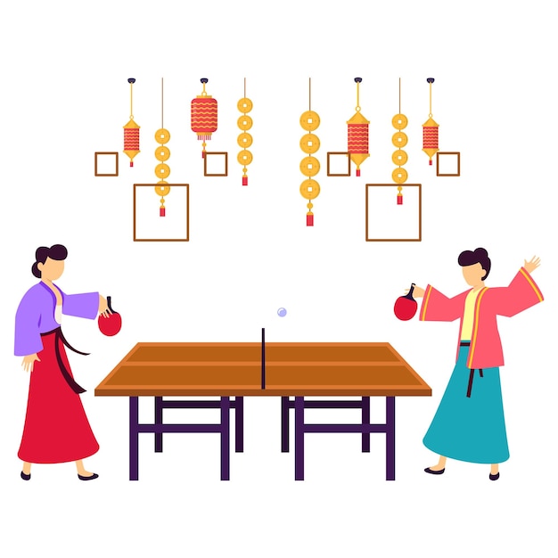 Couple fun spelen tafeltennis of ping pong binnen samen vrijetijdsconcept vectorontwerp Chinees
