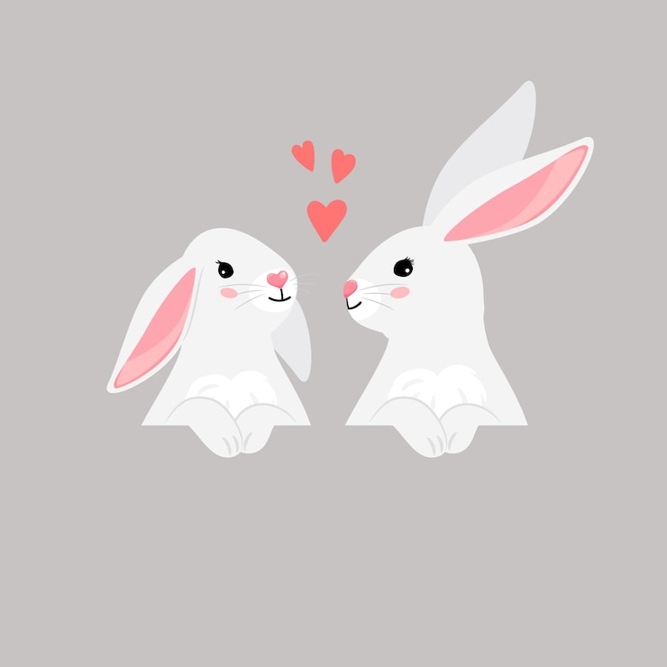 Vector couple of funny bunny pets with hearts cartoon cute easter characters rabbits chinese new year symbol