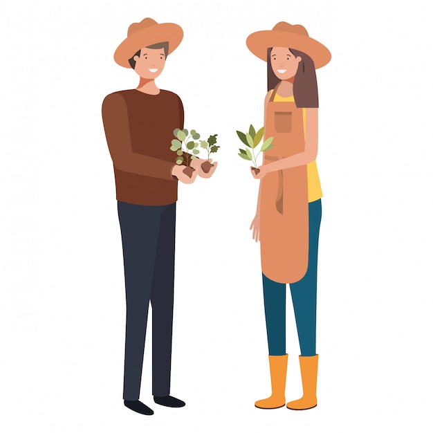 Vector couple of gardeners smiling avatar character