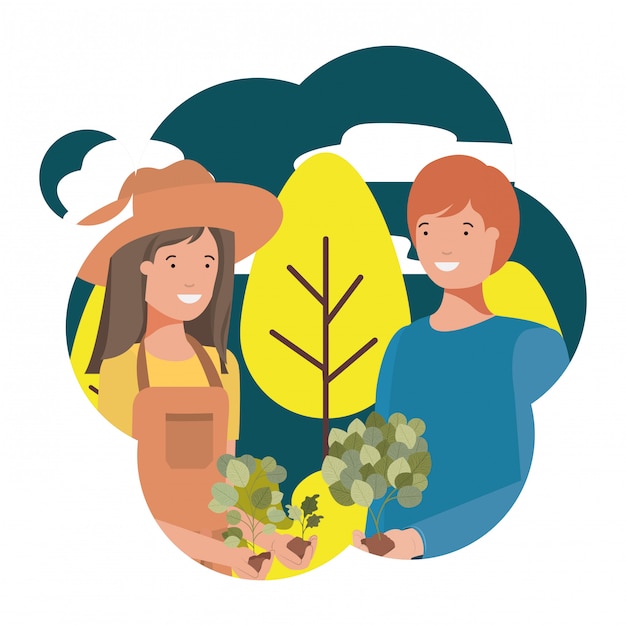 Vector couple of gardeners with landscape avatar character