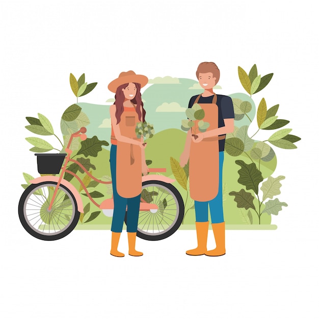 Vector couple of gardeners with landscape and bicycle