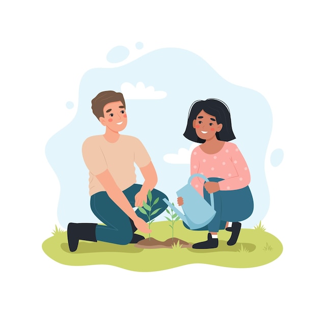 Couple gardening together man and woman planting and watering plants in spring cute vector illustartion in flat cartoon style