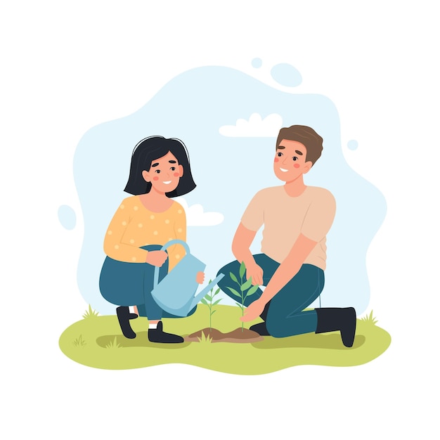 Vector couple gardening together man and woman planting and watering plants in spring