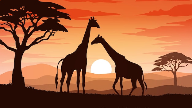 a couple of giraffes at sunset