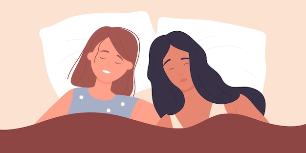 Vector couple girls sleep in bed at night asleep young women lying on pillow under blanket