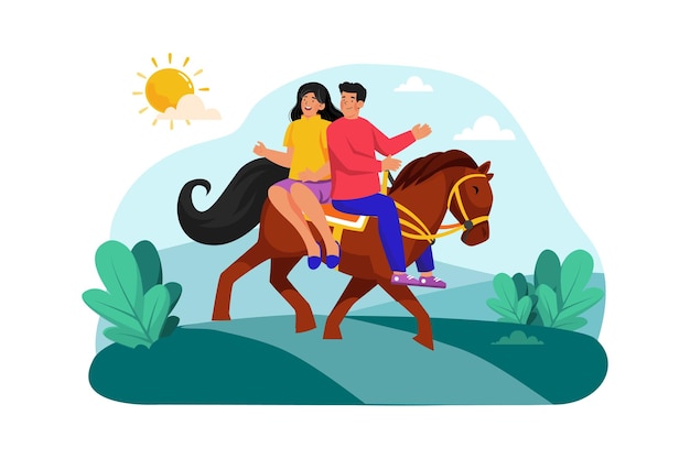 Vector a couple goes horseback riding along picturesque trails in the morning