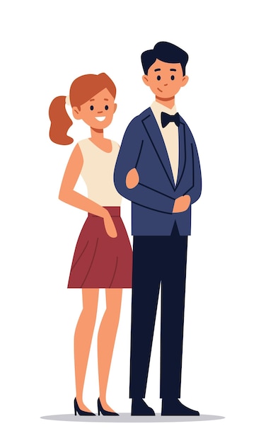 couple going to cinema or theater illustration man in tuxedo and woman in dress standing together smiling white background