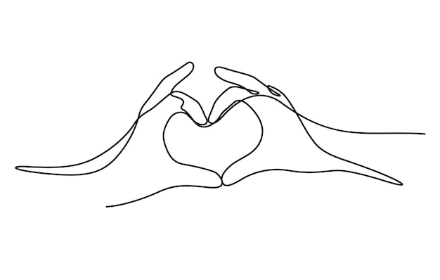 Couple hands making heart sign in continuous line drawing style