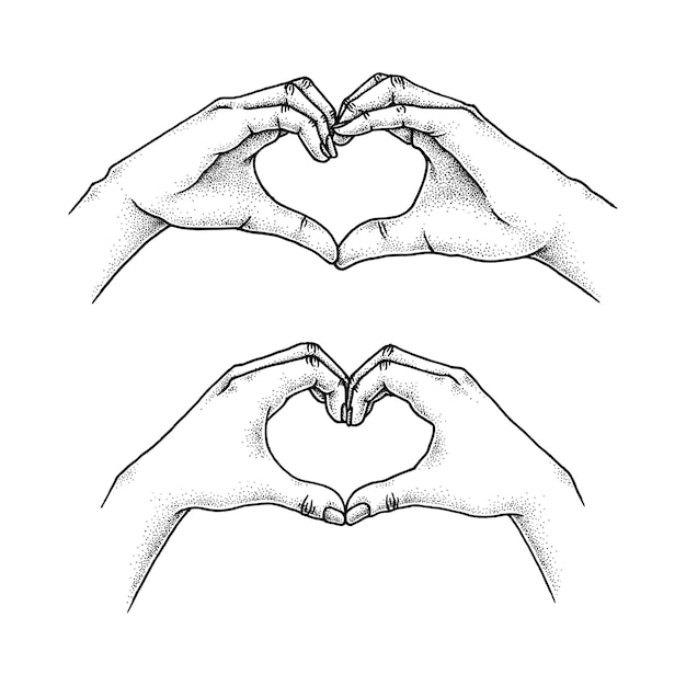 Vector couple hands making a love gesture heart gesture hand drawn pointillism illustration