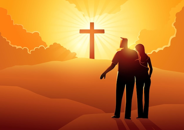 Vector couple hands reaching to one another on a cross on a hill background