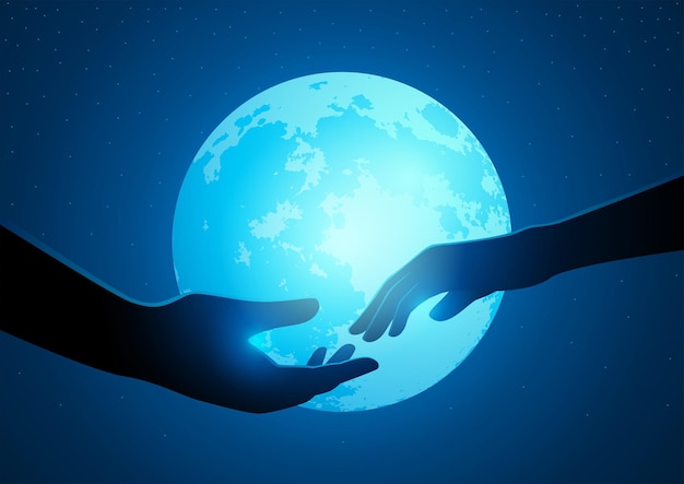 Couple hands reaching to one another on a full moon background, romantic night