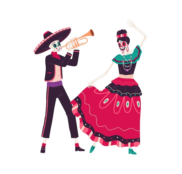 Couple of happy Mexican skeletons play trumpet and dance to music at Day of Dead. Catrina and skull man in costumes celebrating Death holiday. Flat vector illustration isolated on white background.